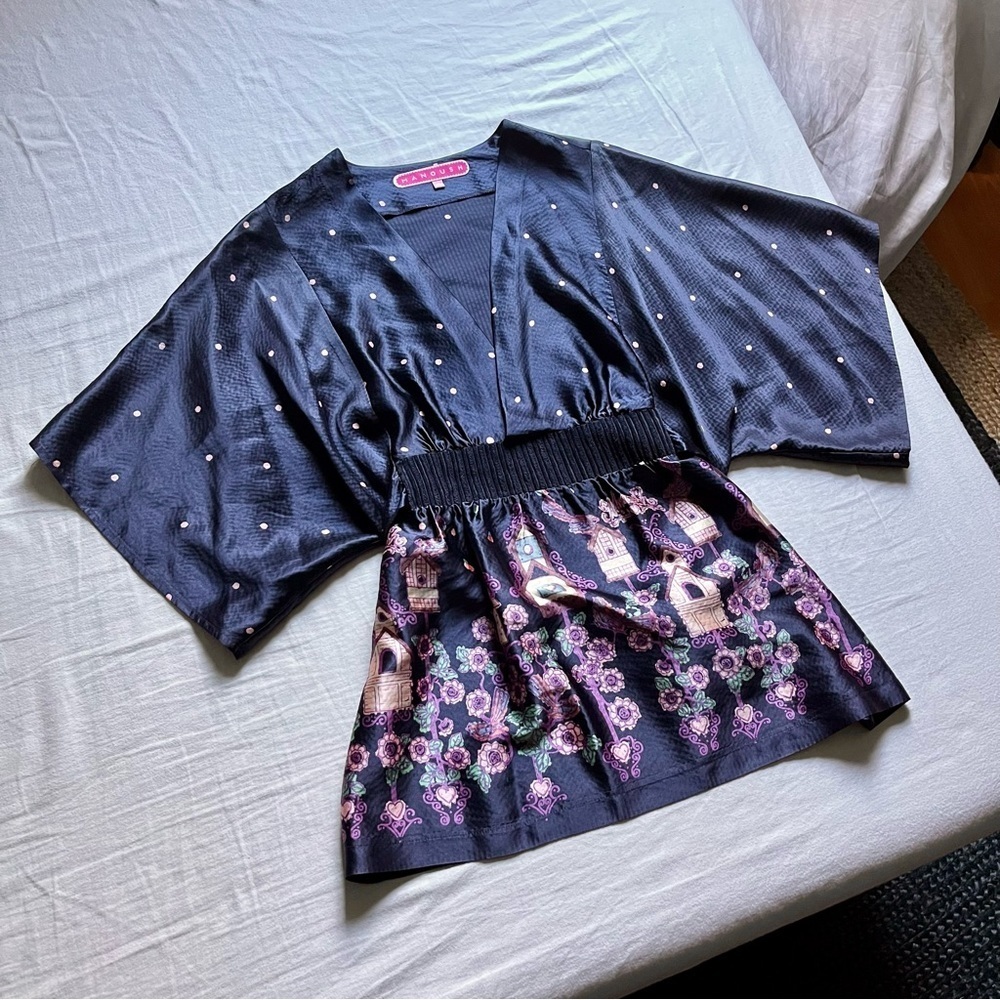 Manoush blue silk floral‎ house print kimono sleeve blouse